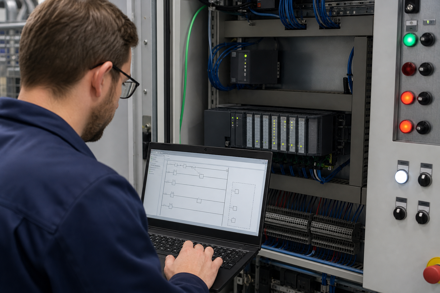 Kỹ sư lập trình và kiểm tra logic PLC tại tủ điều khiển