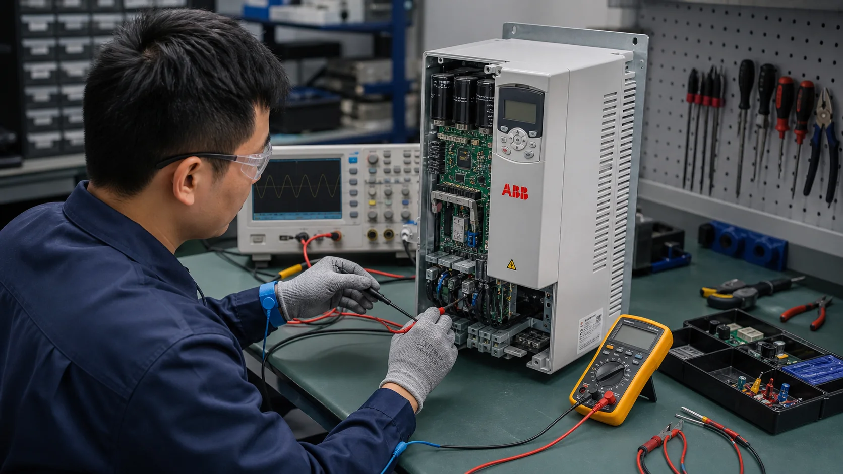 Kỹ thuật viên chẩn đoán và sửa biến tần ABB trên bàn kỹ thuật an toàn