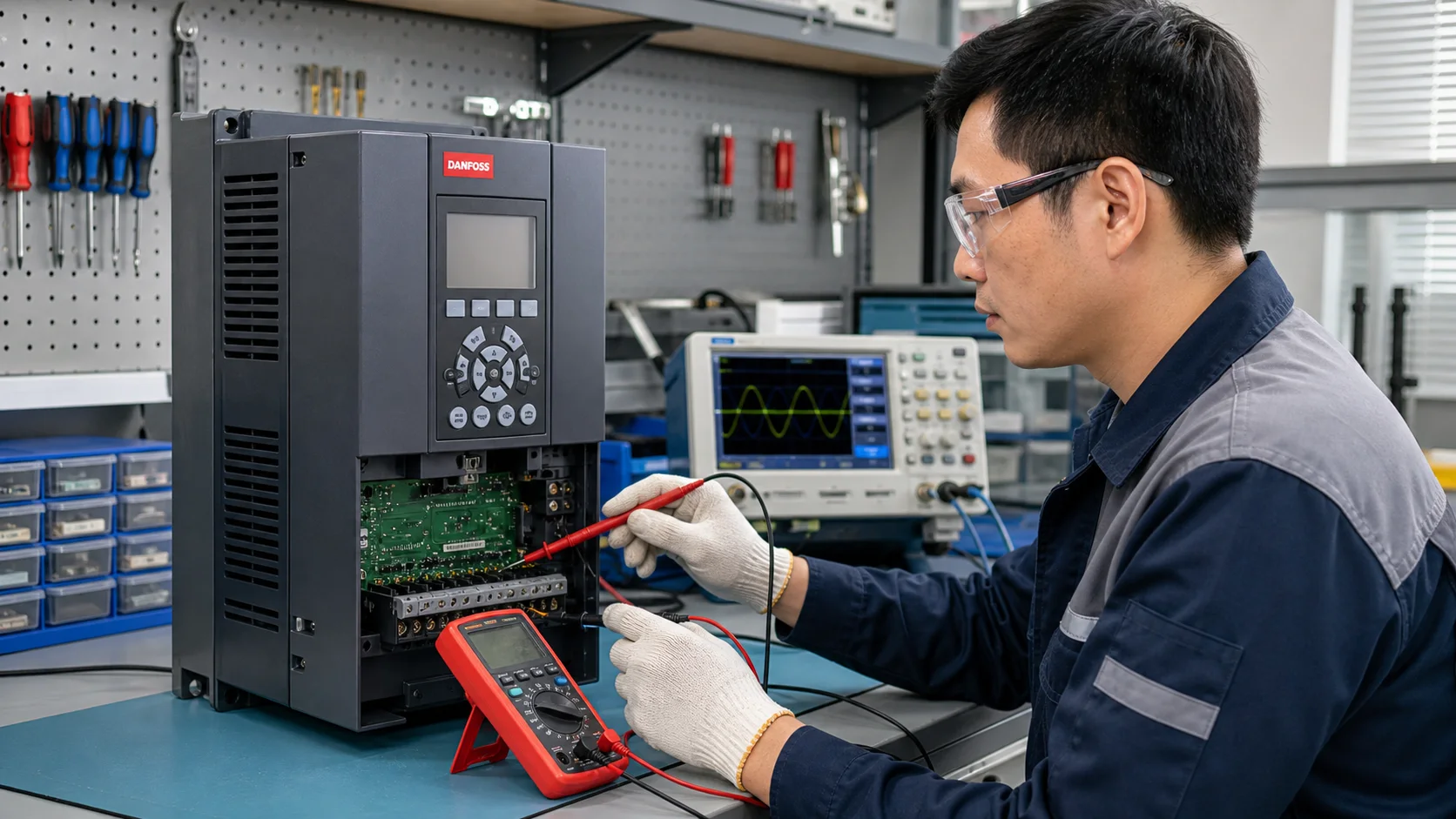 Kỹ thuật viên chẩn đoán biến tần Danfoss tại bàn sửa chữa chuyên dụng