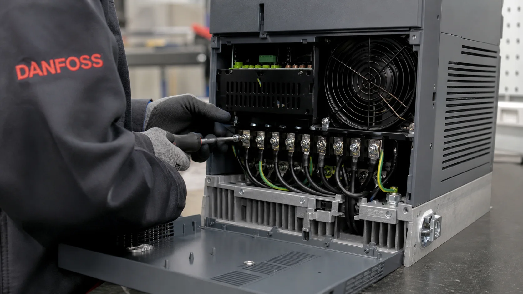 Kiểm tra terminal, quạt và tản nhiệt biến tần Danfoss khi đã cách ly nguồn