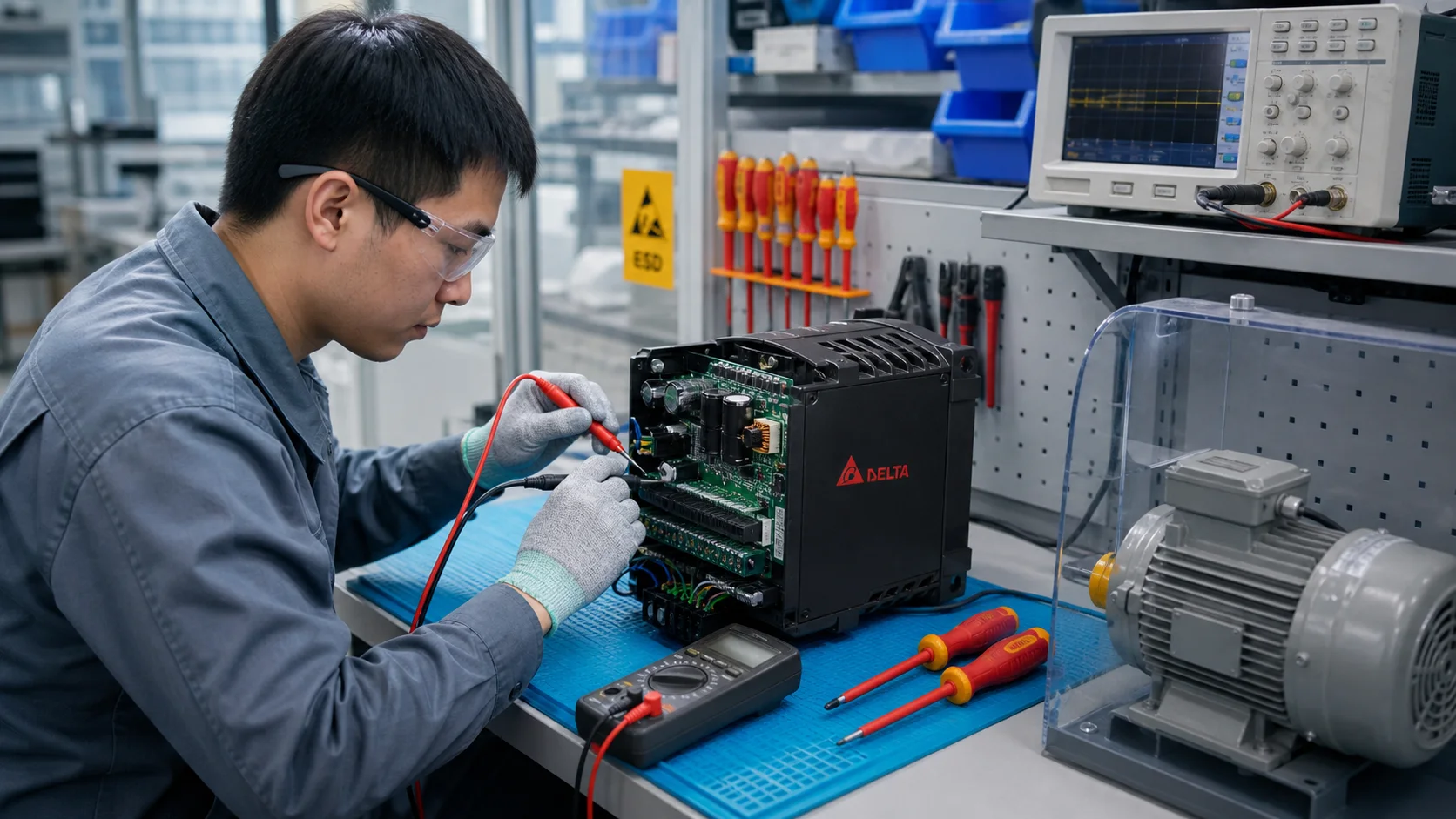Kỹ thuật viên chẩn đoán và sửa biến tần Delta Electronics trên bàn kỹ thuật an toàn