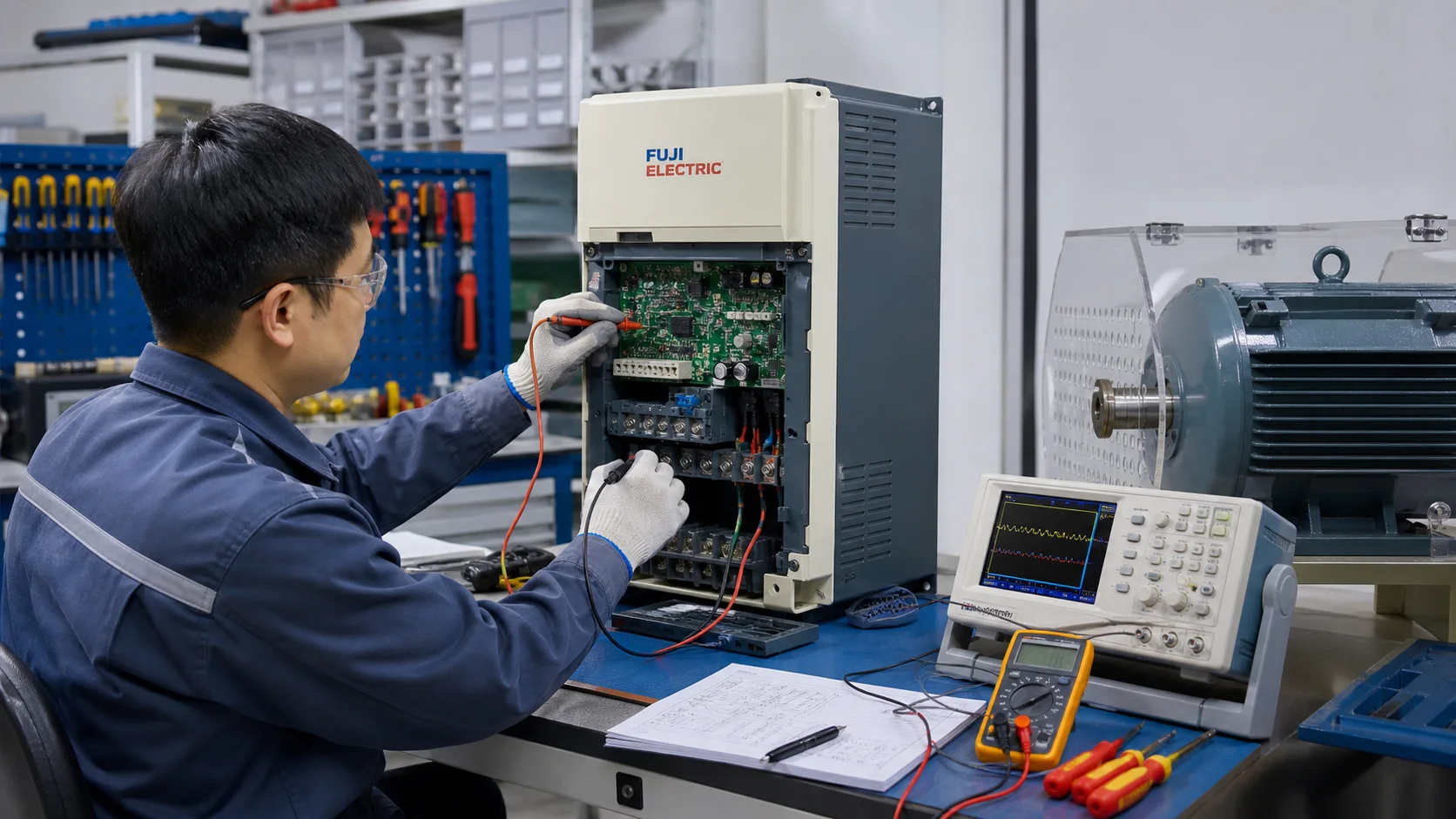 Kỹ thuật viên chẩn đoán và sửa biến tần Fuji Electric trên bàn kỹ thuật an toàn