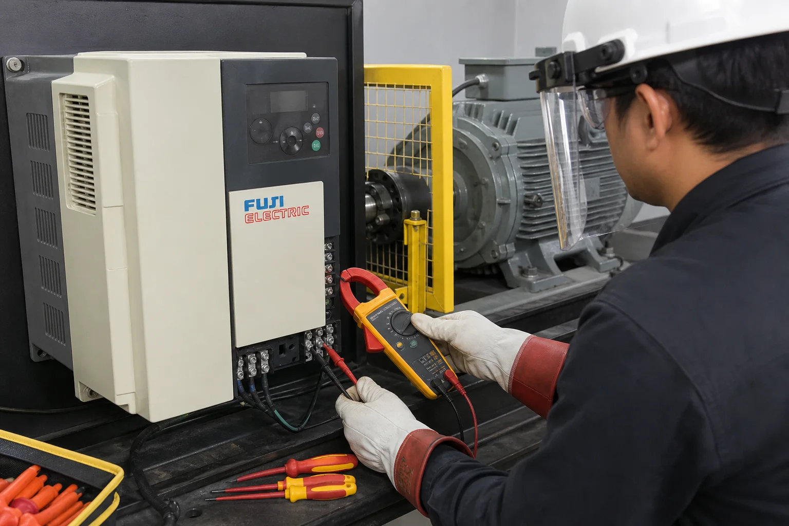 Chạy thử biến tần Fuji Electric với động cơ ba pha trên bệ thử có che chắn