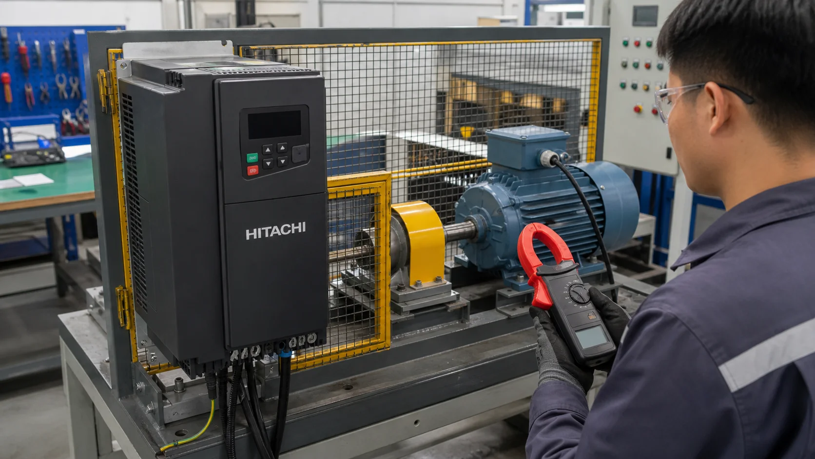 Chạy thử biến tần Hitachi với động cơ trên bệ kiểm tra có che chắn