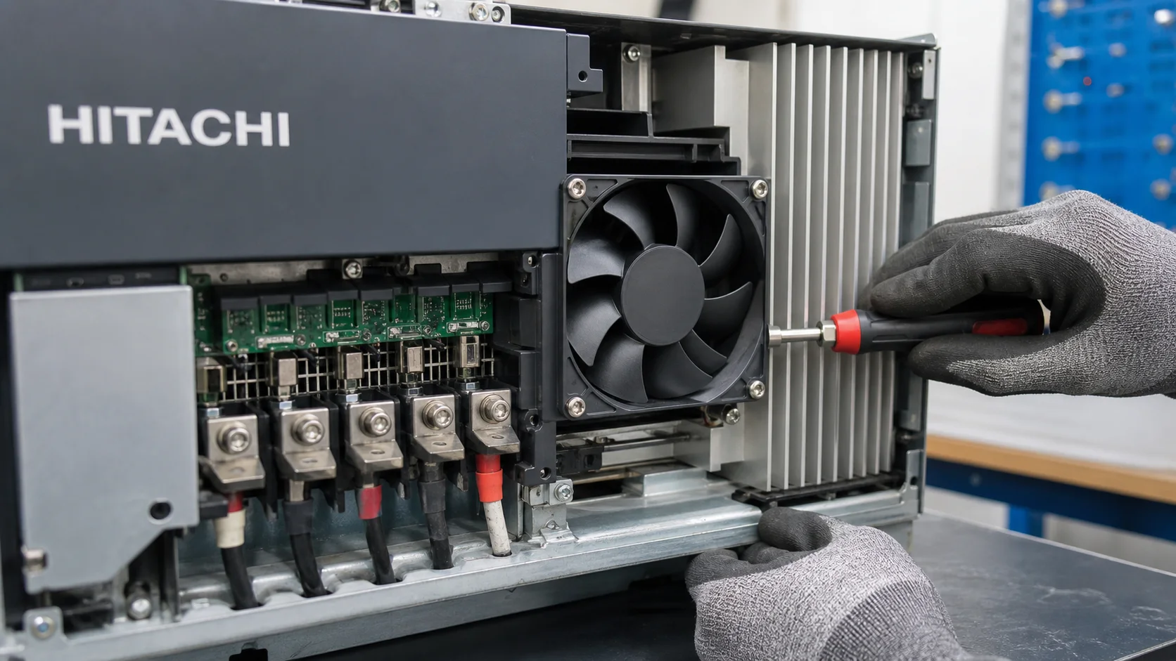 Kiểm tra terminal, quạt và tản nhiệt biến tần Hitachi khi đã cách ly nguồn