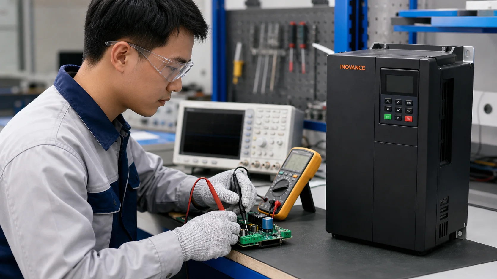 Kỹ thuật viên chẩn đoán biến tần Inovance tại bàn sửa chữa chuyên dụng