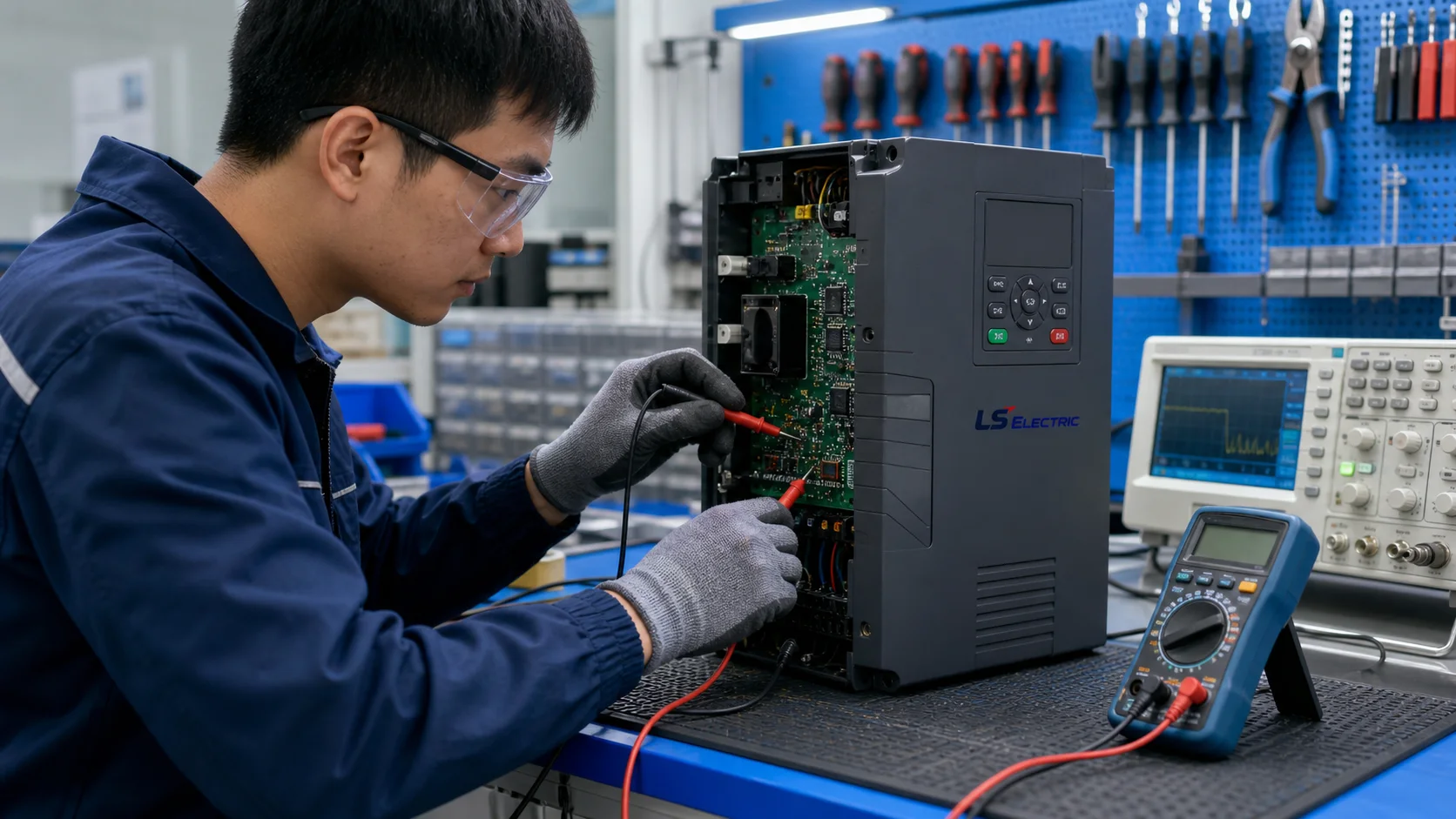 Kỹ thuật viên chẩn đoán và sửa biến tần LS Electric trên bàn kỹ thuật an toàn