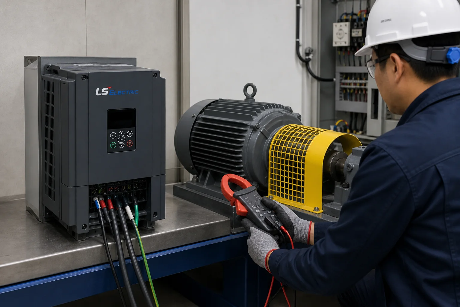 Chạy thử biến tần LS Electric với động cơ ba pha trên bệ thử có che chắn