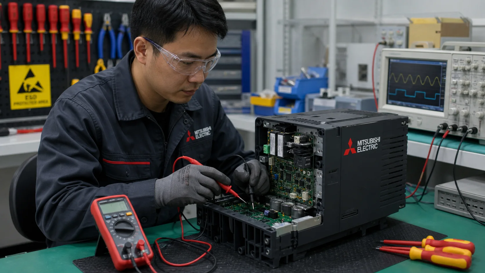 Kỹ thuật viên chẩn đoán và sửa biến tần Mitsubishi Electric trên bàn kỹ thuật an toàn
