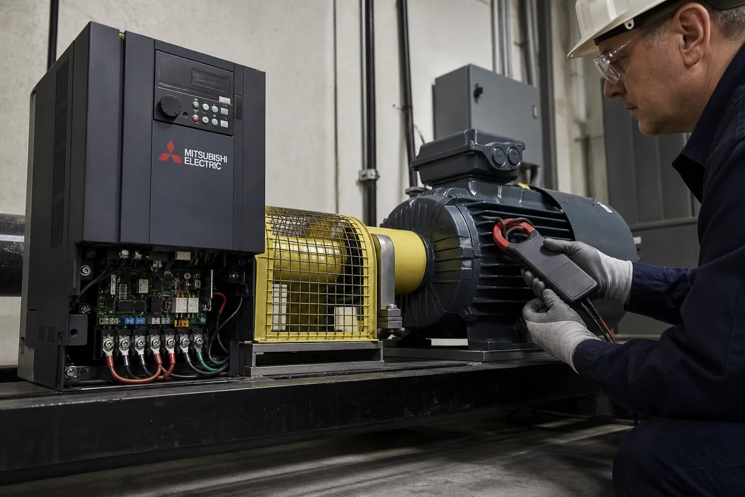 Chạy thử biến tần Mitsubishi Electric với động cơ ba pha trên bệ thử có che chắn