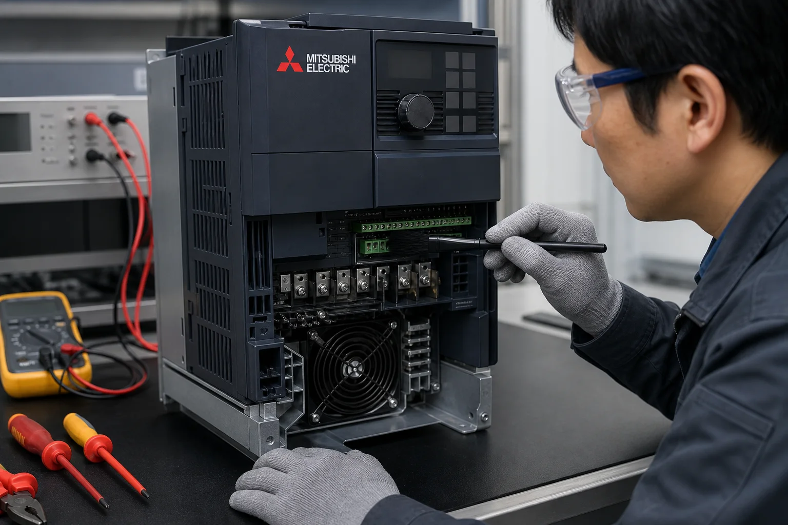 Kiểm tra terminal điều khiển và quạt làm mát biến tần Mitsubishi Electric