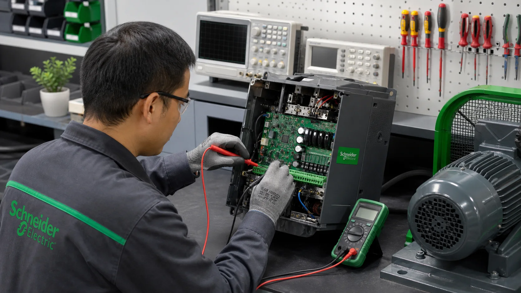 Kỹ thuật viên chẩn đoán và sửa biến tần Schneider Electric trên bàn kỹ thuật an toàn