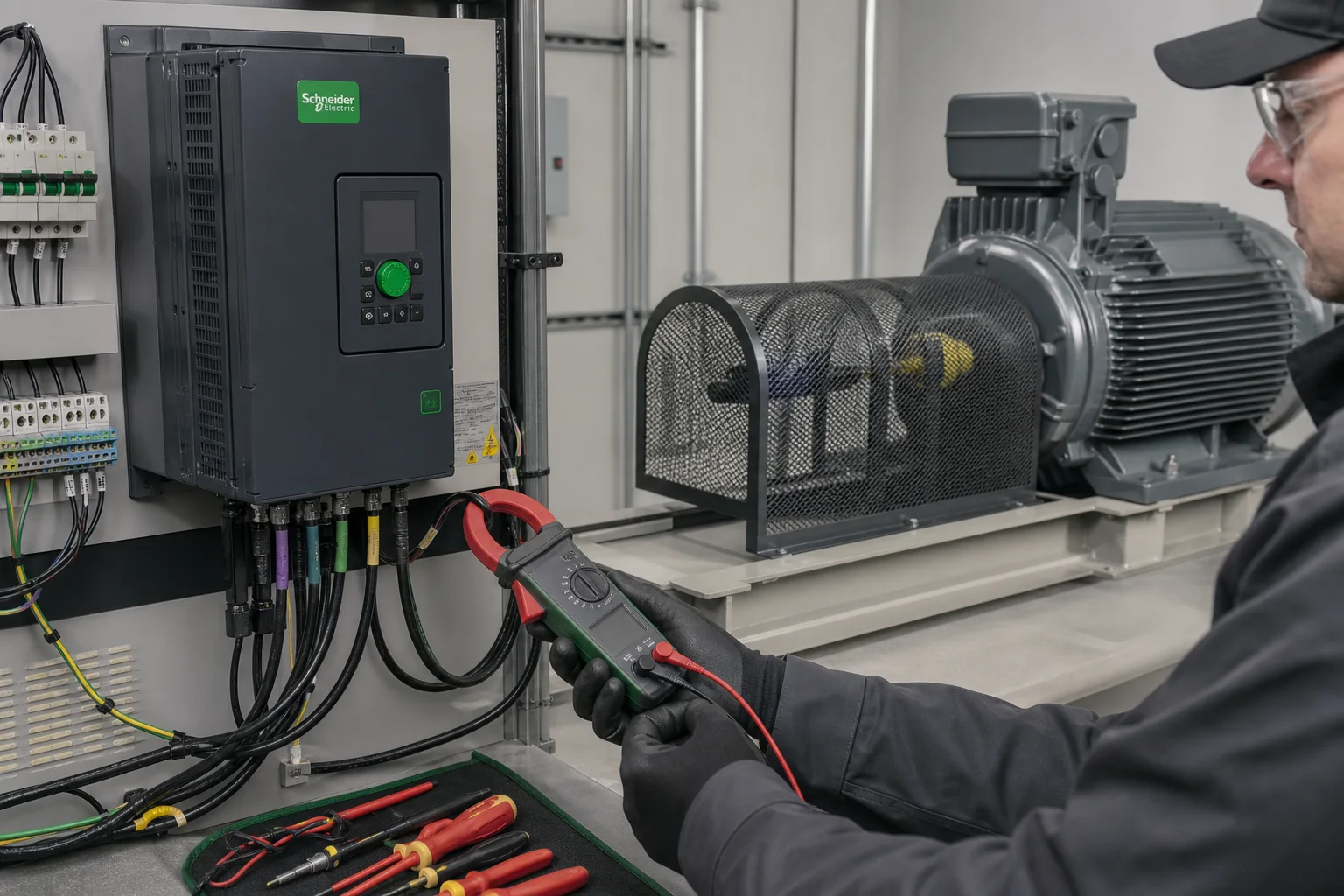 Chạy thử biến tần Schneider Electric với động cơ ba pha trên bệ thử có che chắn