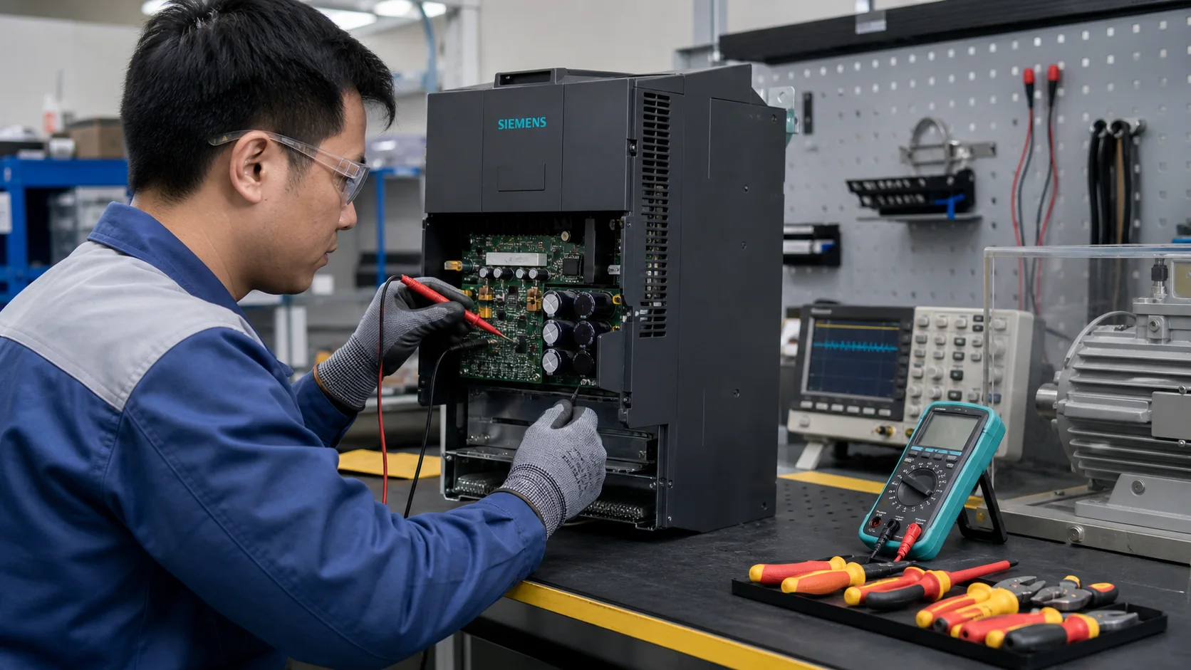 Kỹ thuật viên chẩn đoán và sửa biến tần Siemens trên bàn kỹ thuật an toàn