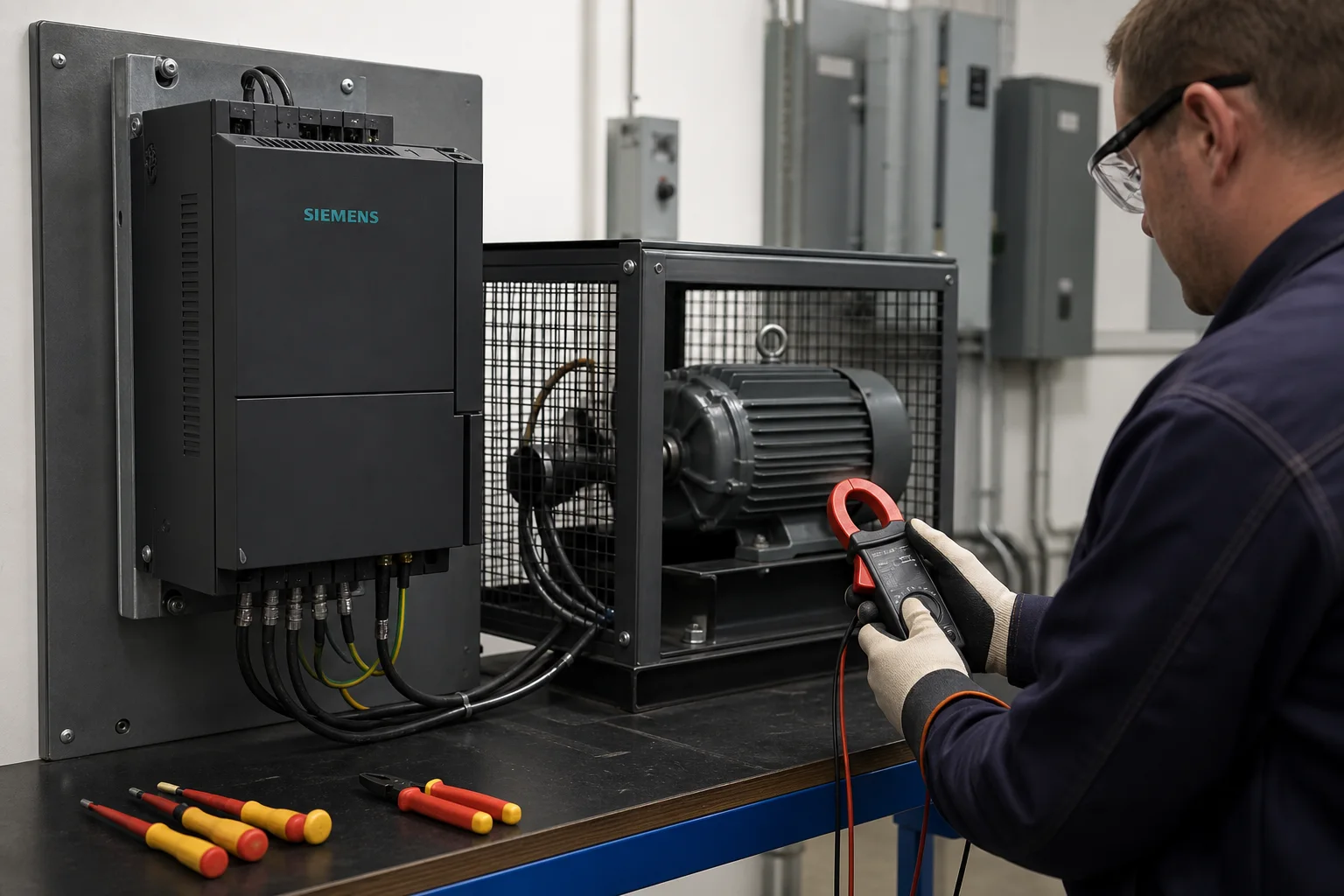 Chạy thử biến tần Siemens với động cơ ba pha trên bệ thử có che chắn