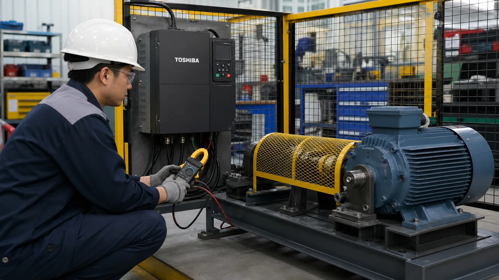 Chạy thử biến tần Toshiba với động cơ trên bệ kiểm tra có che chắn