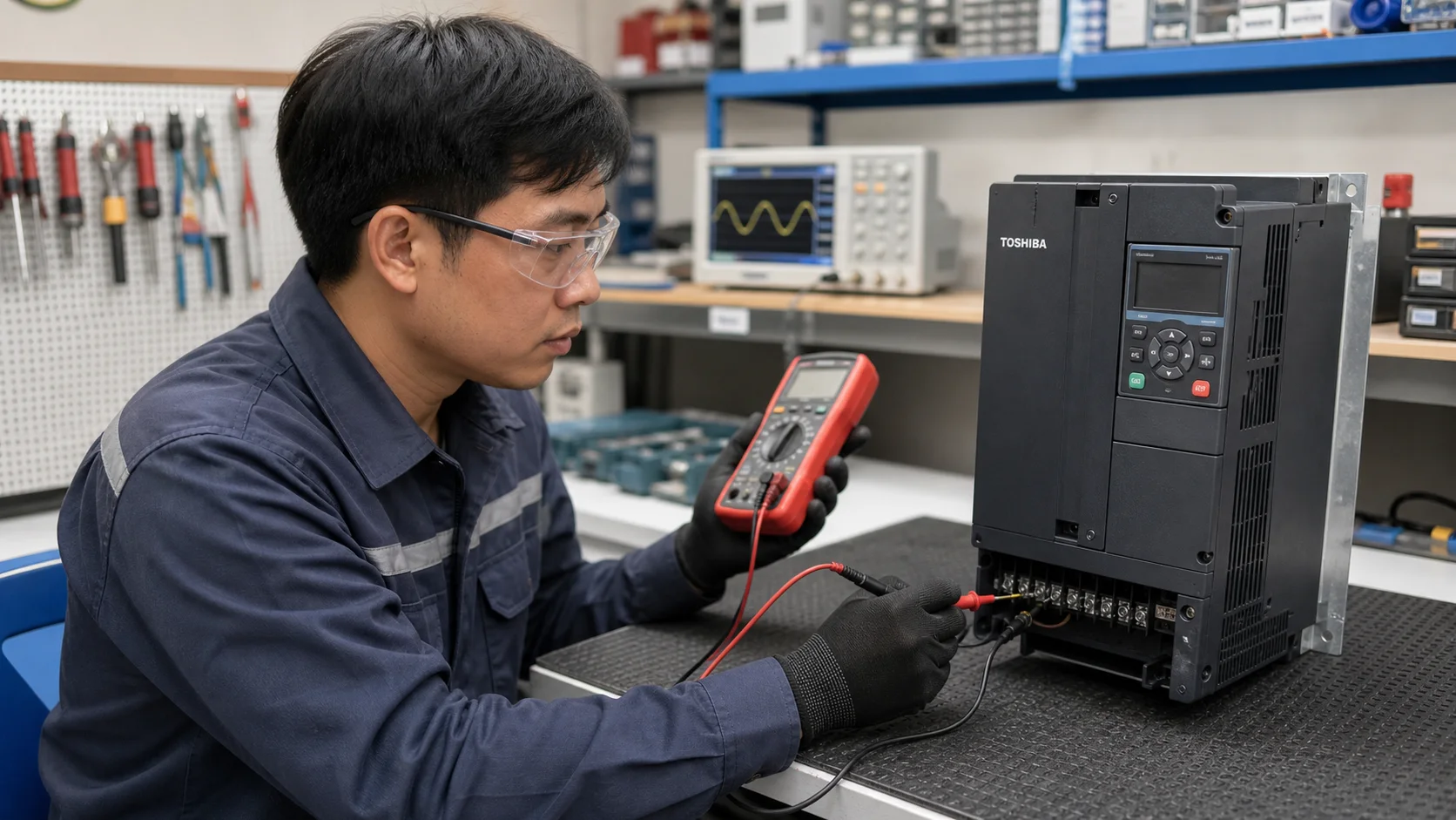 Kỹ thuật viên chẩn đoán biến tần Toshiba tại bàn sửa chữa chuyên dụng