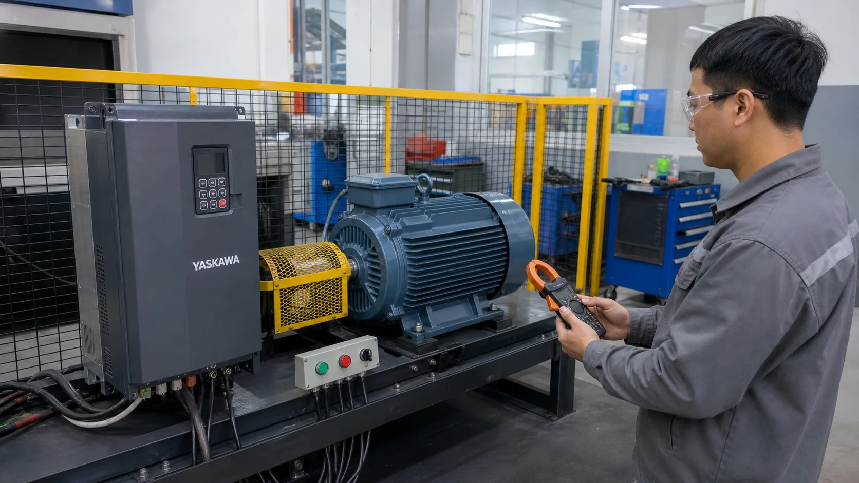 Chạy thử biến tần Yaskawa với động cơ trên bệ kiểm tra có che chắn
