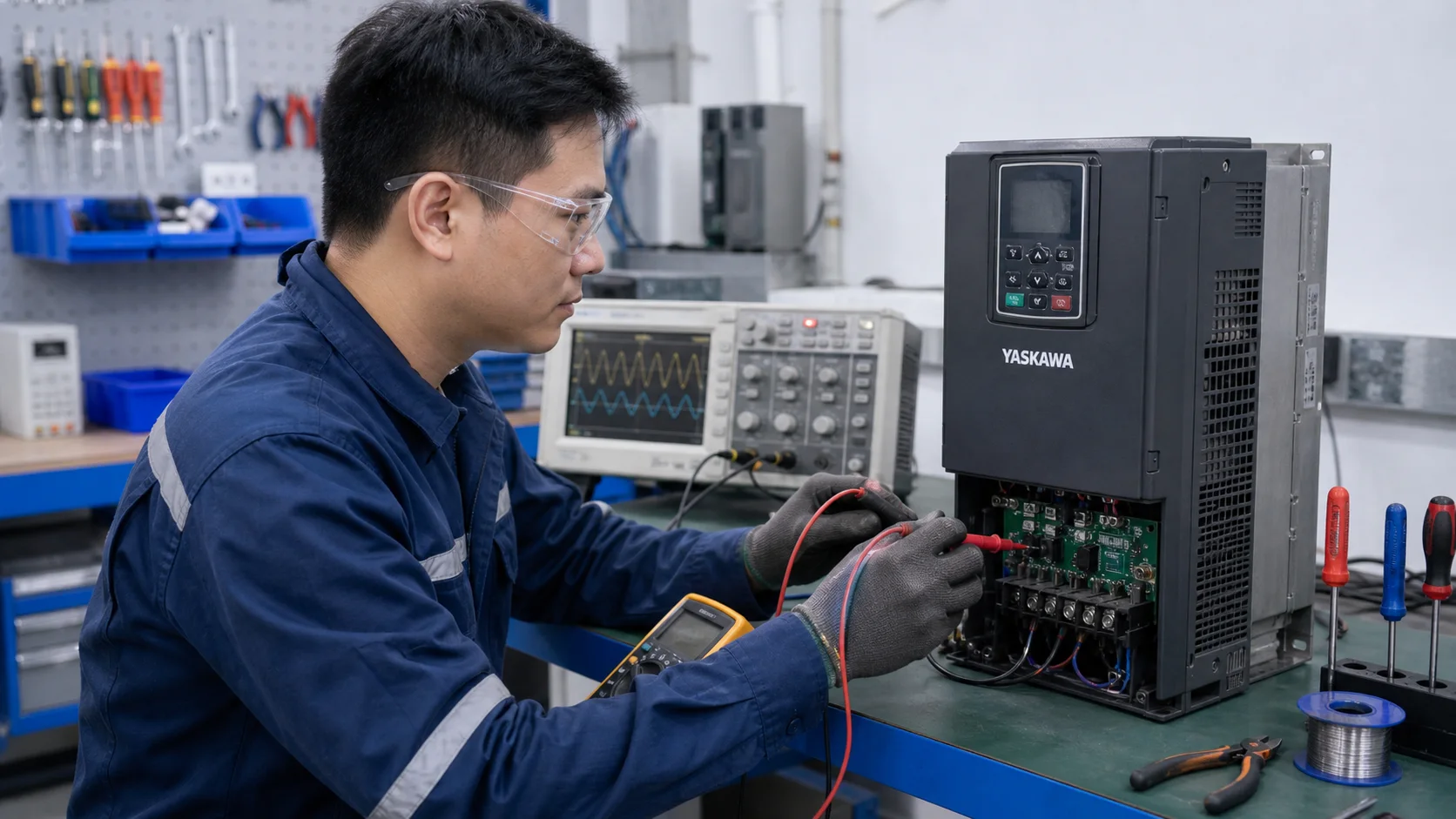 Kỹ thuật viên chẩn đoán biến tần Yaskawa tại bàn sửa chữa chuyên dụng