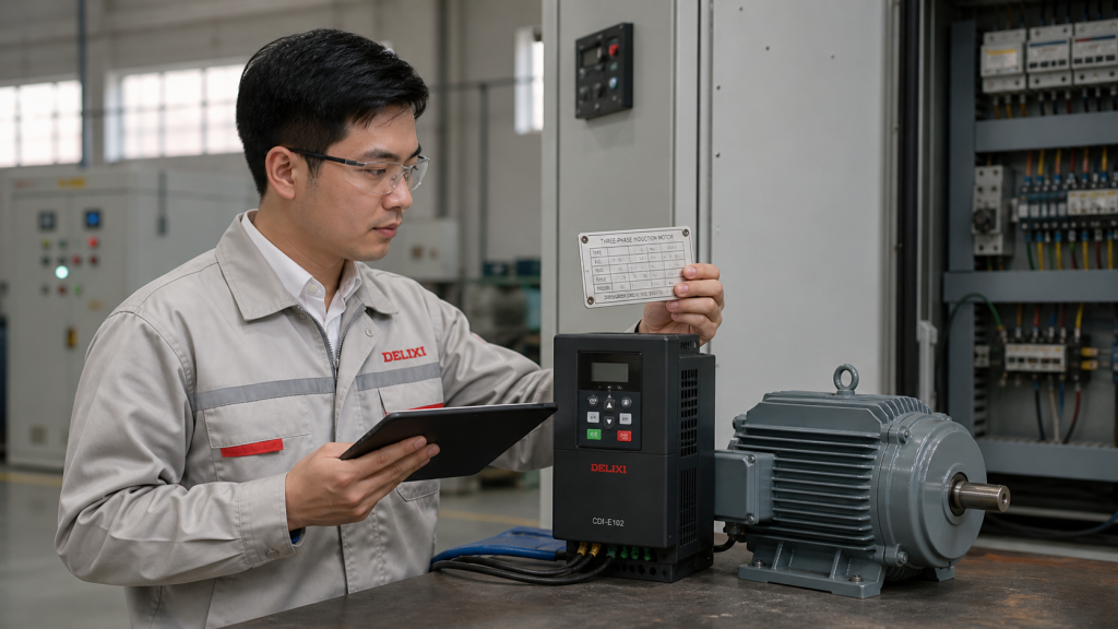 Kỹ thuật viên cài thông số động cơ cho biến tần Delixi CDI-E102
