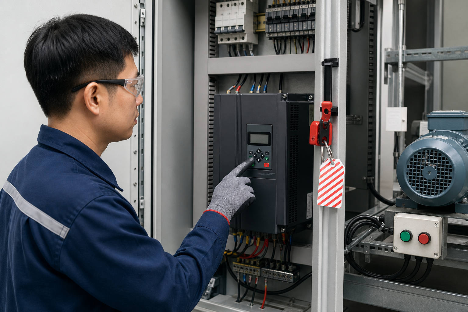 Kỹ thuật viên nhập dữ liệu động cơ trên bàn phím biến tần Delixi CDI-E102