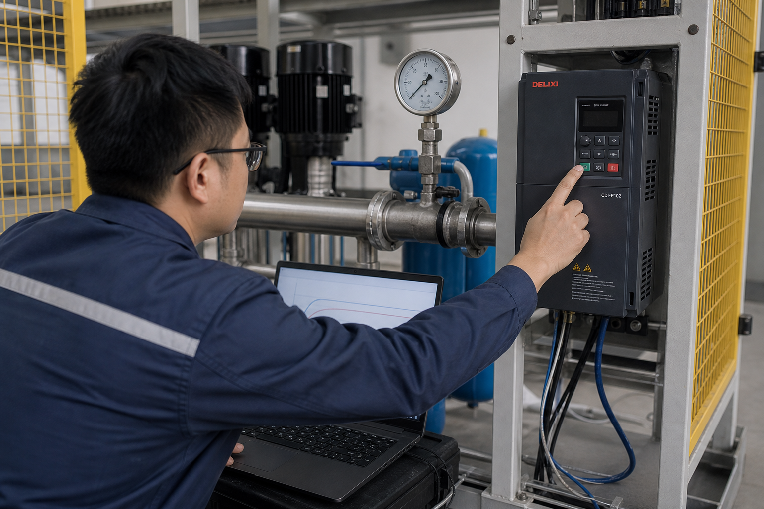 Kỹ thuật viên tinh chỉnh PID biến tần Delixi theo áp suất thực tế