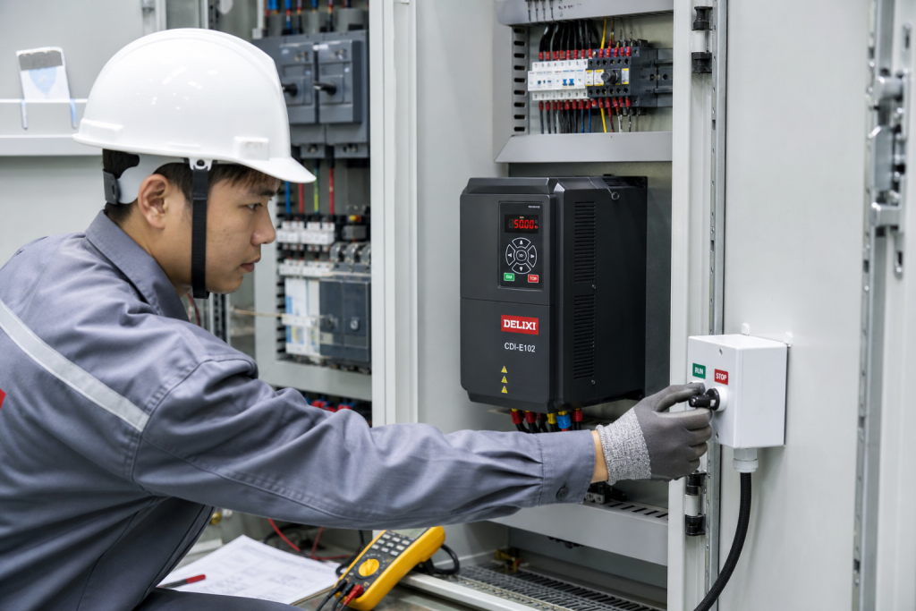 Kỹ thuật viên vận hành công tắc ngoài cho biến tần Delixi CDI-E102
