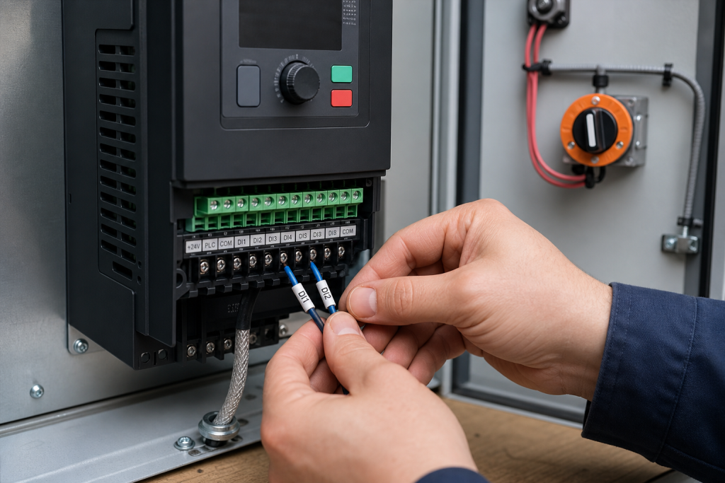 Đấu dây đầu vào số cho công tắc ngoài biến tần Delixi CDI-E102