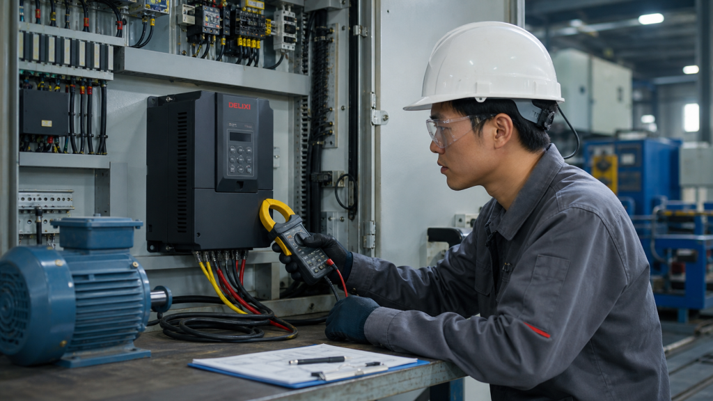 Kỹ thuật viên kiểm tra dòng điện tại hệ thống biến tần Delixi CDI-E102
