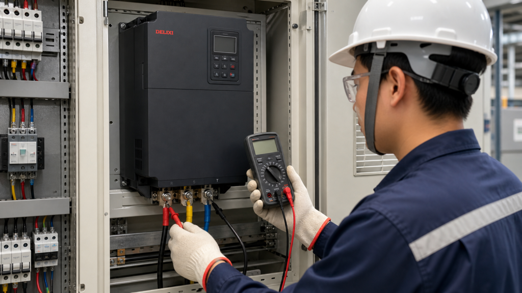 Kỹ thuật viên đo nguồn cấp cho biến tần Delixi CDI-E102