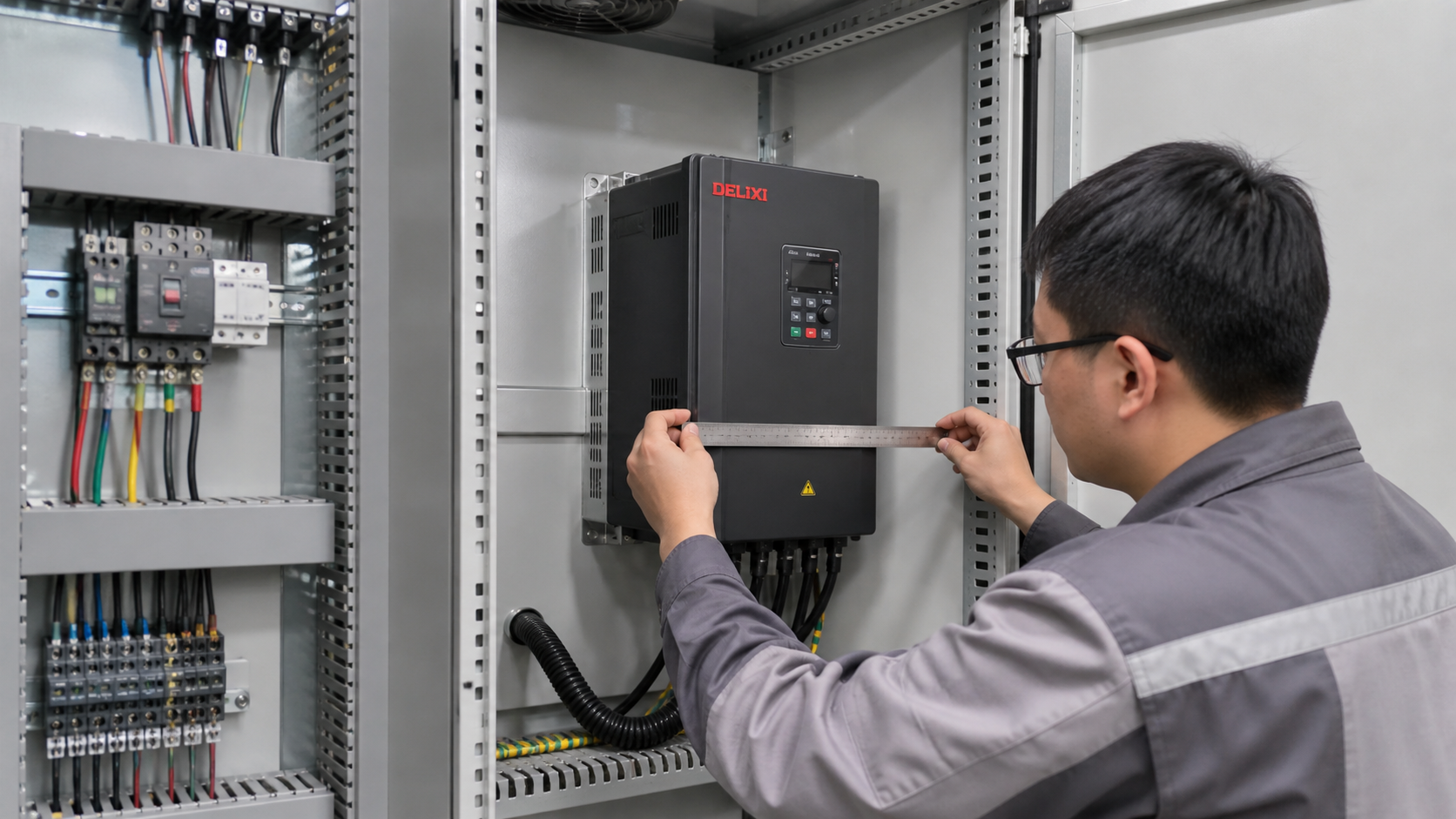 Kiểm tra không gian lắp đặt biến tần Delixi trong tủ điện