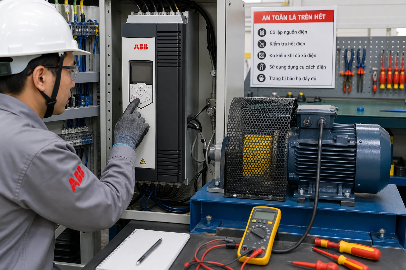 Chạy thử biến tần ABB với động cơ ba pha có che chắn