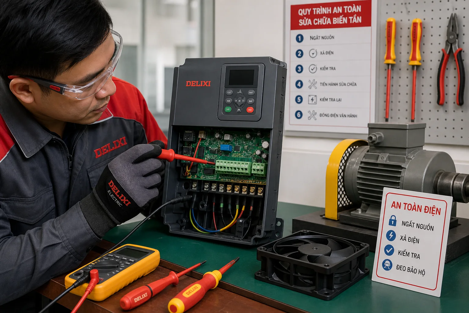 Kiểm tra terminal và quạt làm mát biến tần Delixi