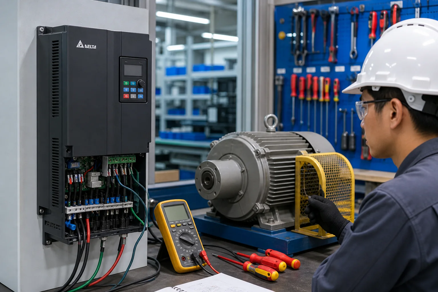 Chạy thử biến tần Delta với động cơ ba pha có che chắn