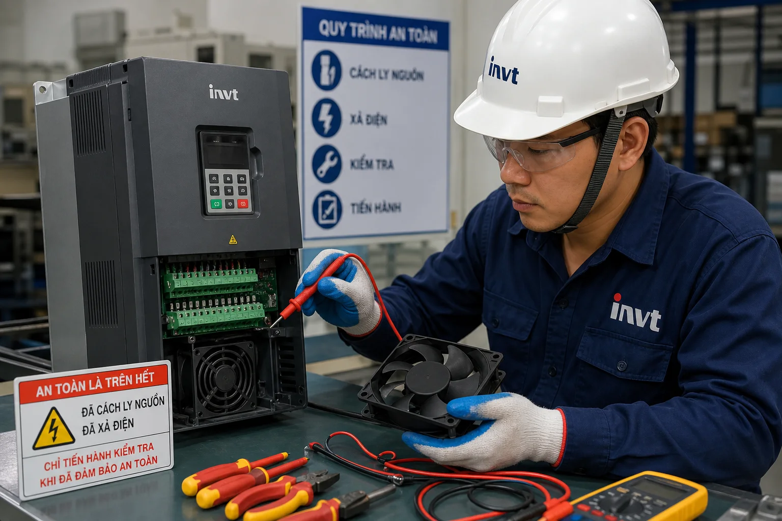Kiểm tra terminal và quạt làm mát biến tần INVT