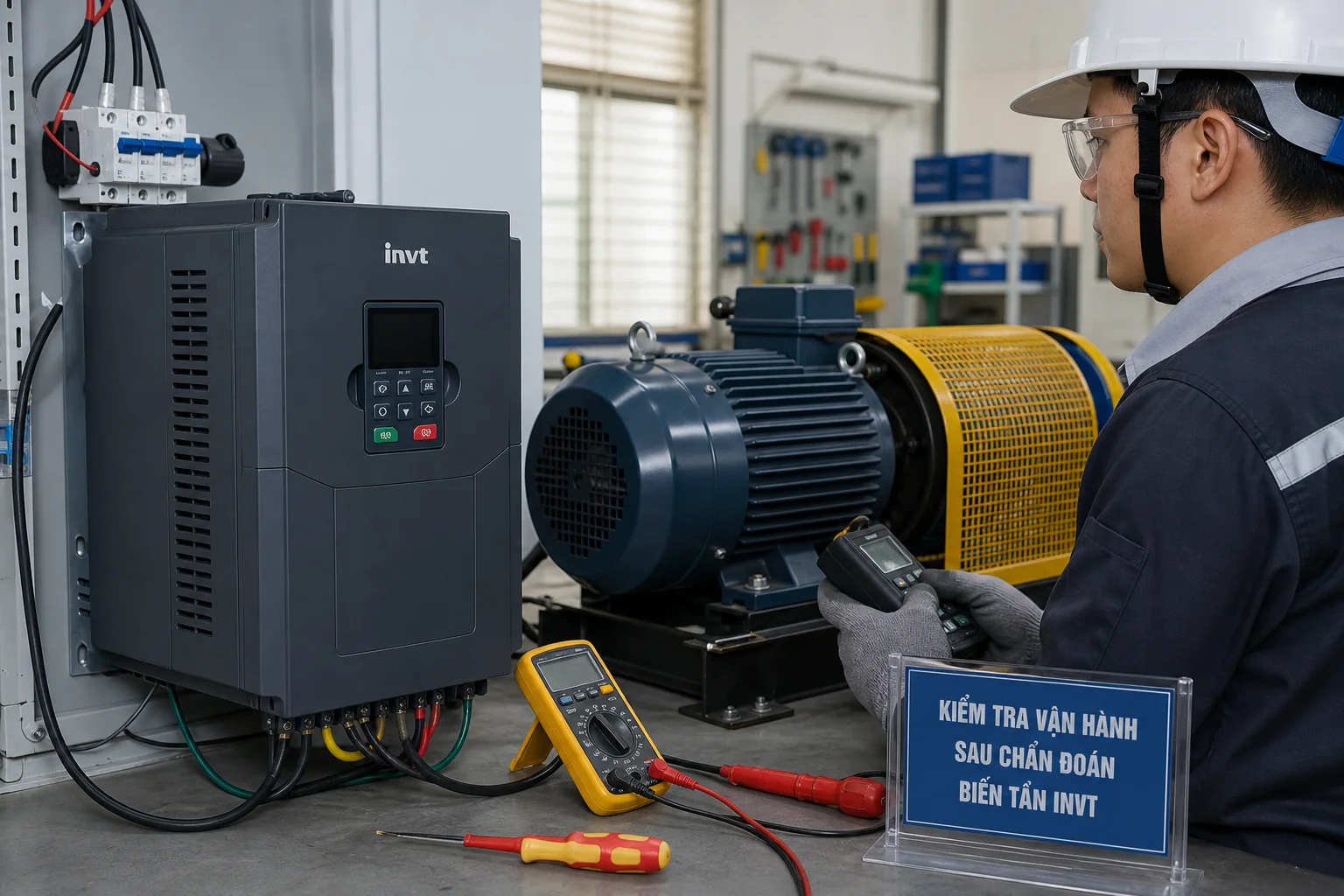 Chạy thử biến tần INVT với động cơ ba pha có che chắn