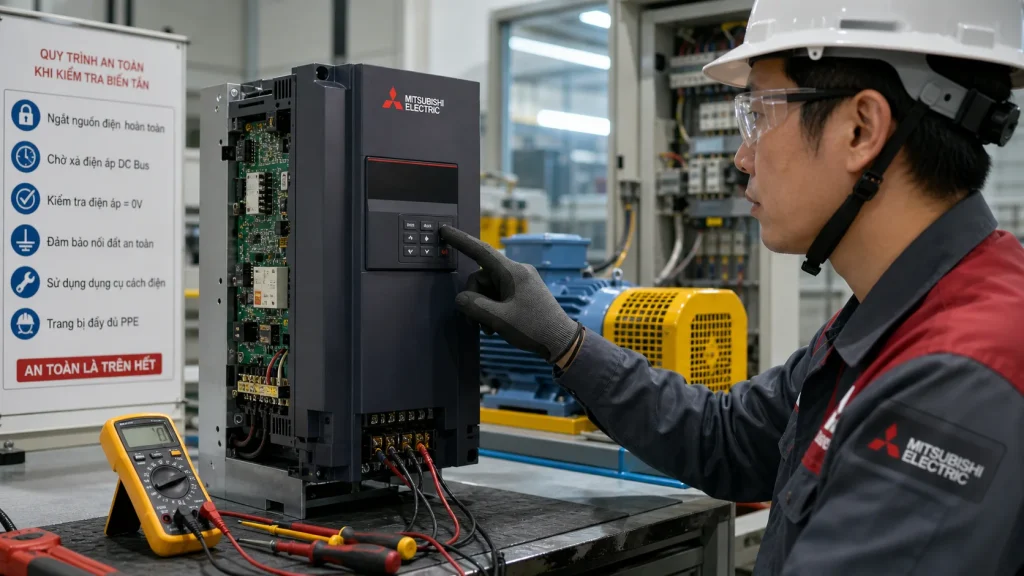 Kỹ thuật viên tra lịch sử lỗi trên biến tần Mitsubishi Electric