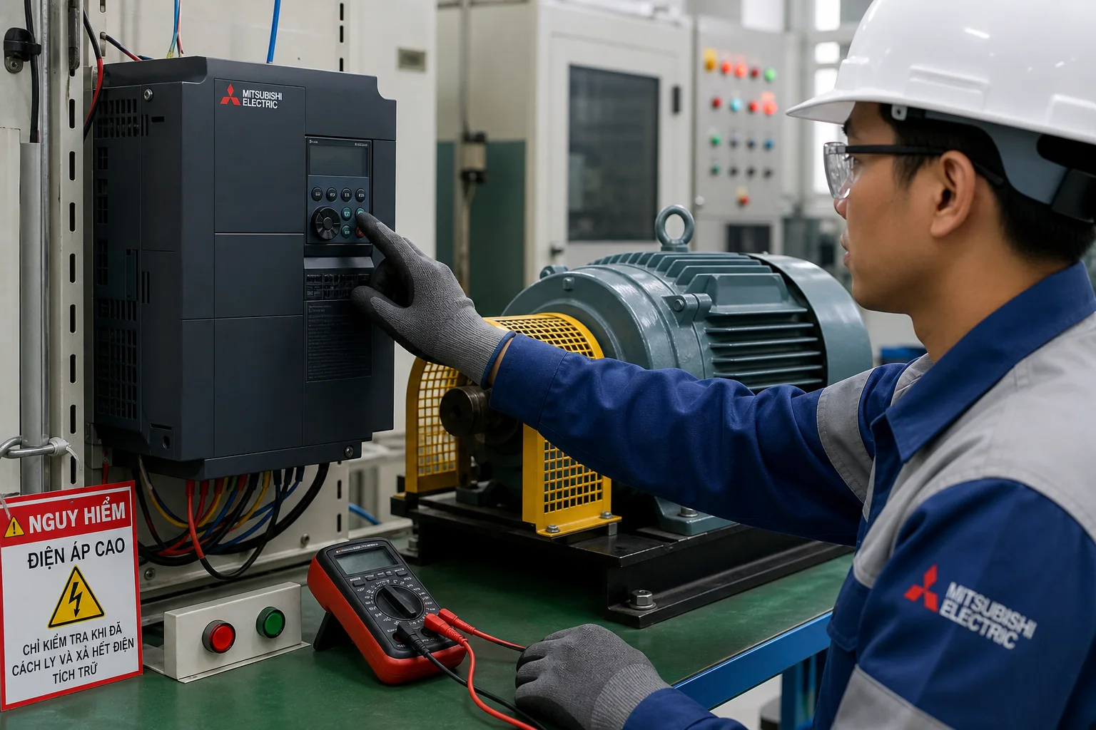 Chạy thử biến tần Mitsubishi Electric với động cơ ba pha có che chắn