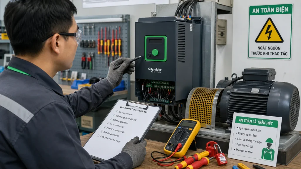 Kỹ thuật viên tra lịch sử lỗi trên biến tần Schneider Electric