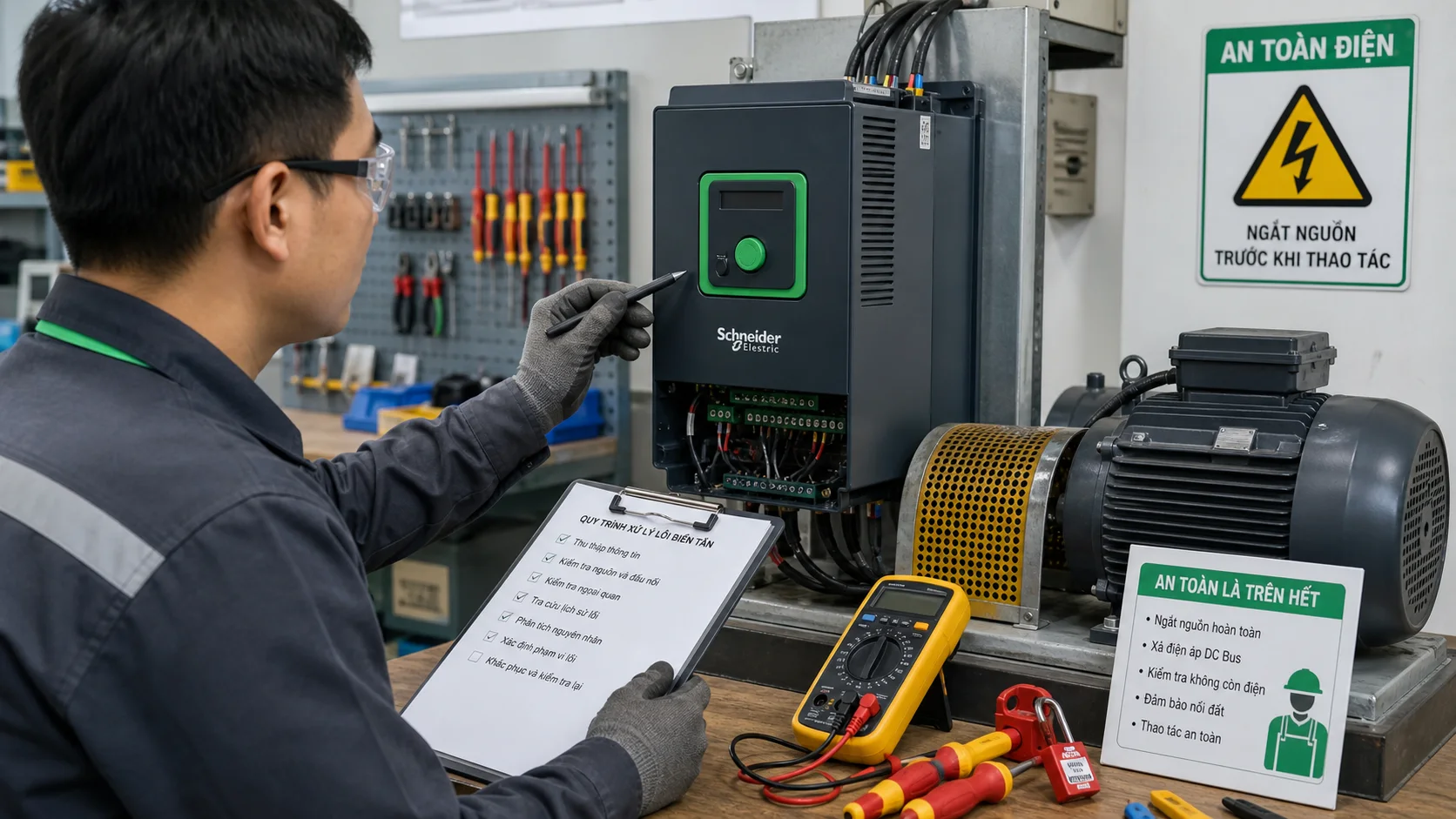 Kỹ thuật viên tra lịch sử lỗi trên biến tần Schneider Electric