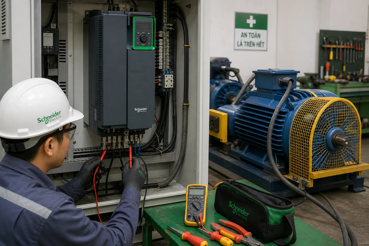 Chạy thử biến tần Schneider Electric với động cơ ba pha có che chắn