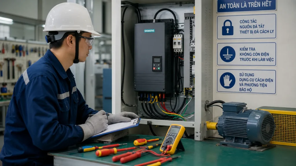 Kỹ thuật viên tra lịch sử lỗi trên biến tần Siemens