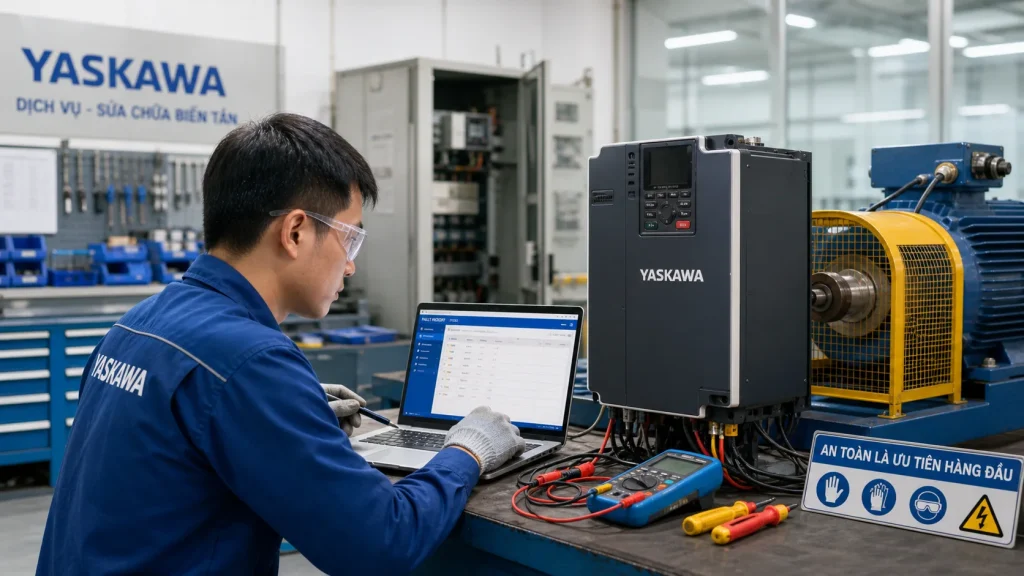Kỹ thuật viên tra lịch sử lỗi trên biến tần Yaskawa