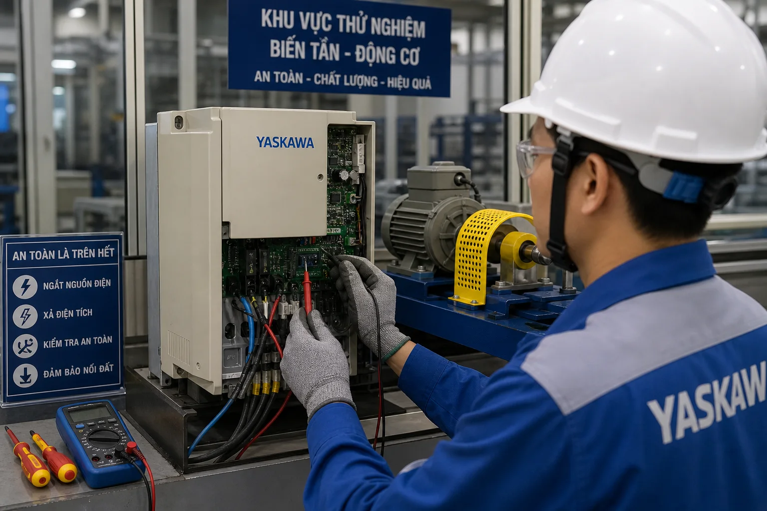 Chạy thử biến tần Yaskawa với động cơ ba pha có che chắn