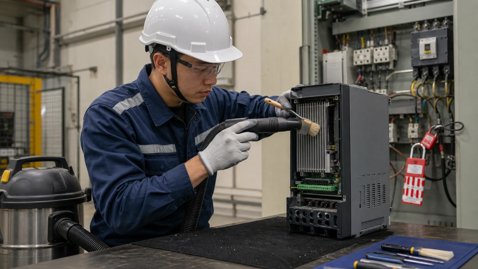Vệ sinh khe tản nhiệt bằng máy hút bụi chống tĩnh điện và chổi mềm.