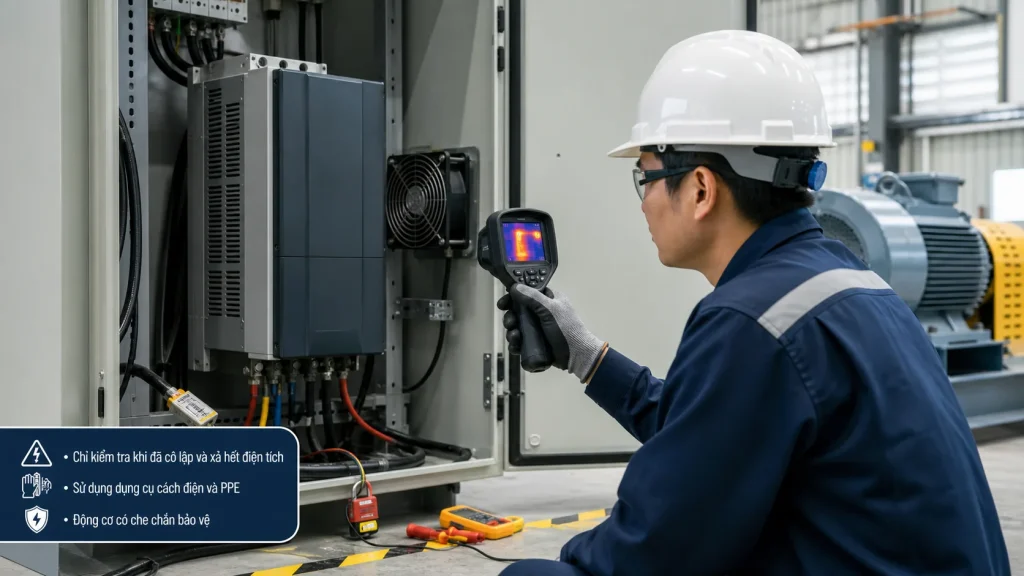 Kỹ thuật viên dùng camera nhiệt kiểm tra tủ biến tần quá nhiệt