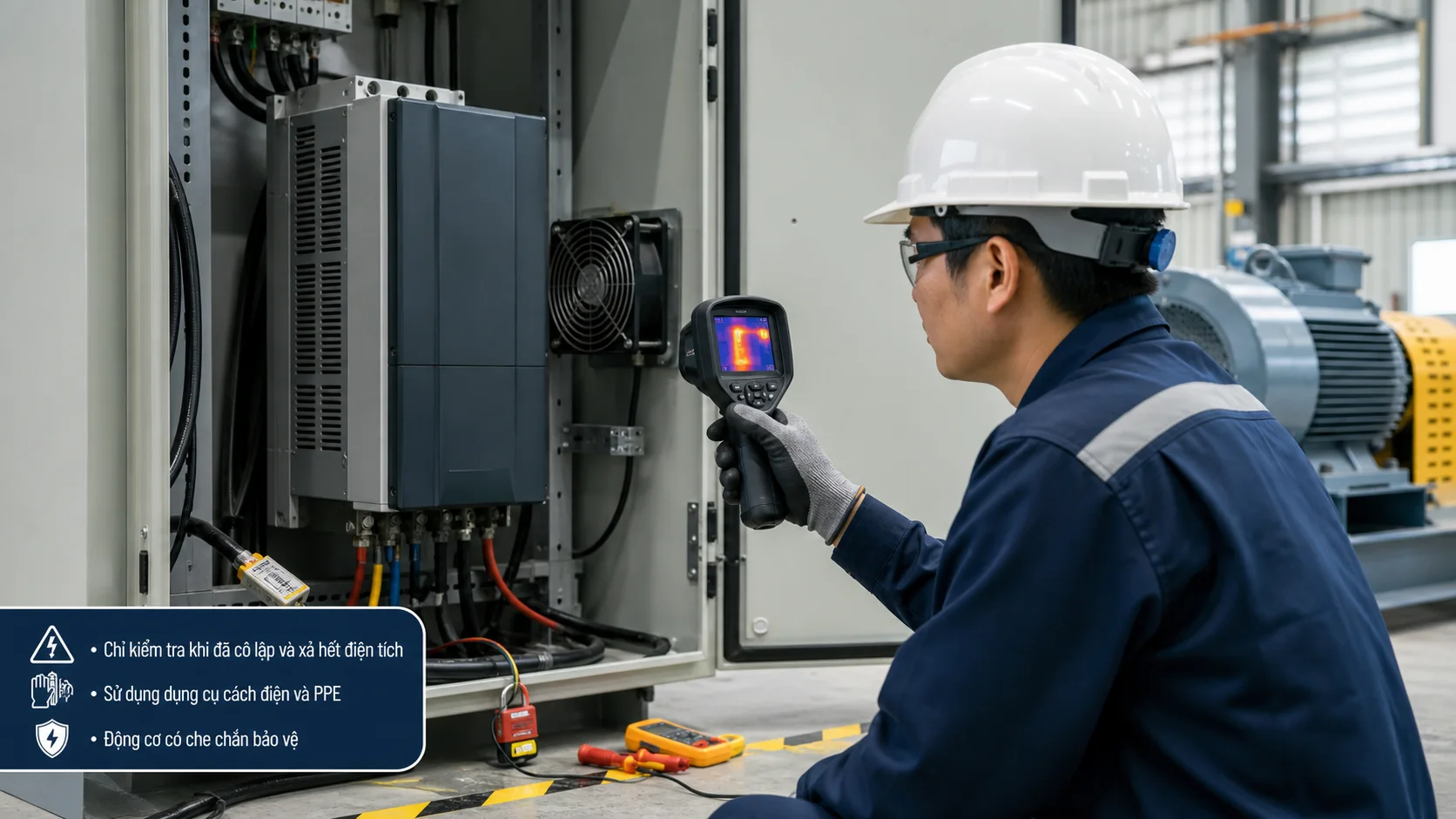 Kỹ thuật viên dùng camera nhiệt kiểm tra tủ biến tần quá nhiệt