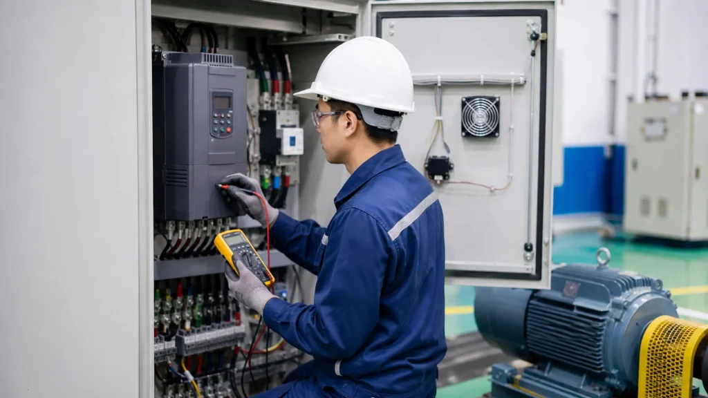 Kỹ thuật viên kiểm tra chất lượng nguồn khi biến tần báo thấp áp