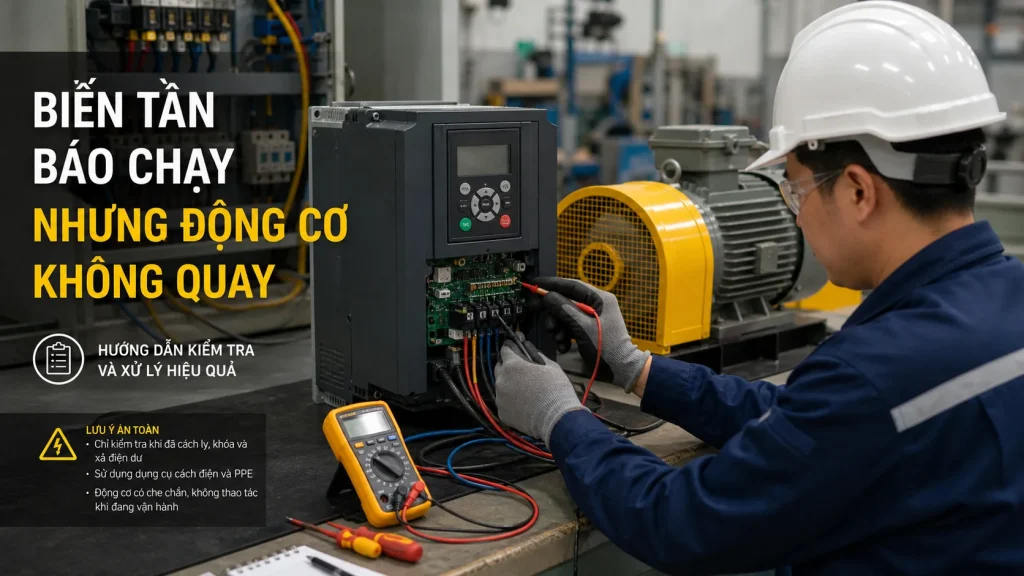 Kỹ thuật viên kiểm tra biến tần báo chạy nhưng động cơ đứng yên