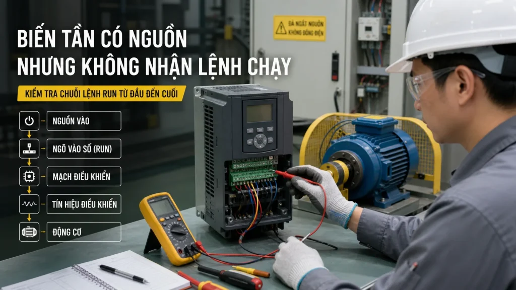 Kỹ thuật viên kiểm tra biến tần có nguồn nhưng không nhận lệnh chạy